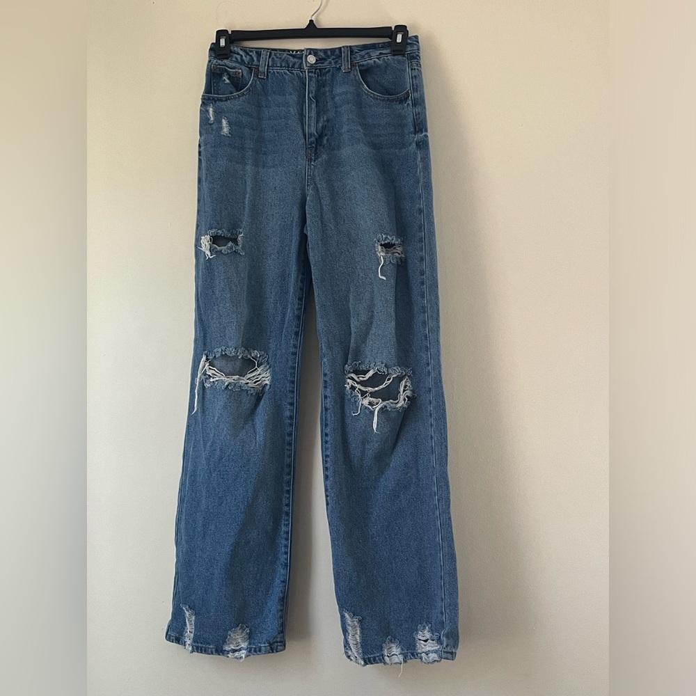 Distressed Straight Leg Denim Jeans